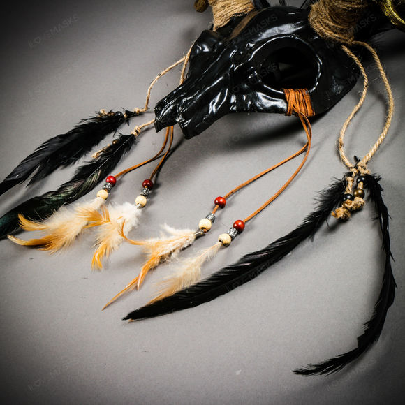 Antelope Devil Gold Deer Horn Skull Ghost Feather Masquerade Mask - Black - Picture 4 of 10